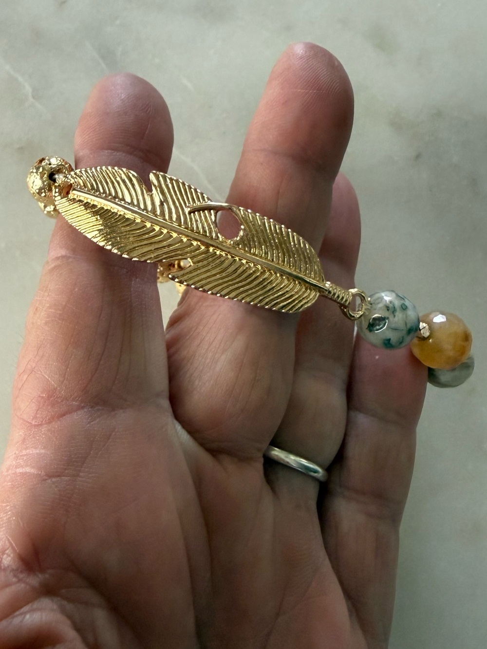 Erimish Gold Feather and Earth-Tone Beaded Stretch Bracelet New
